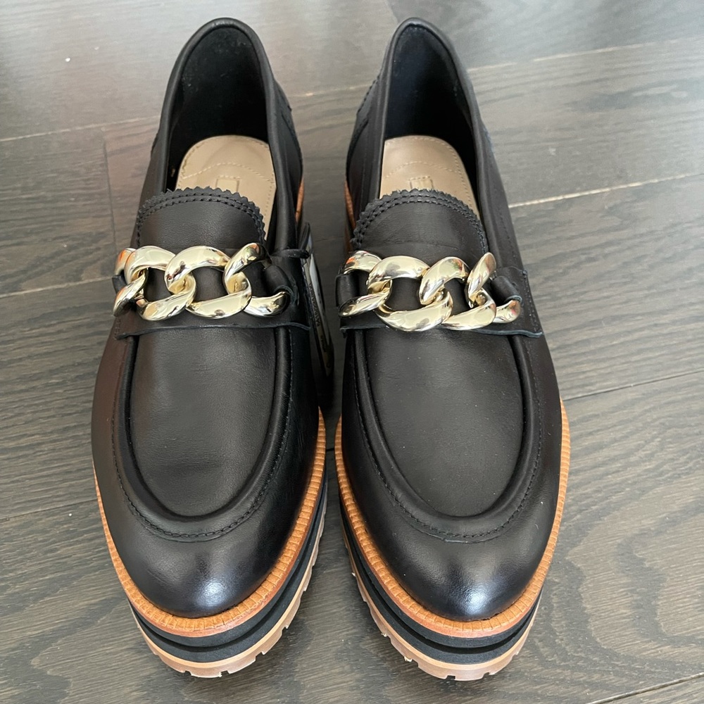 Massimo Dutti Leather  Platform Black Loafers with Chain Eu38 US7.5